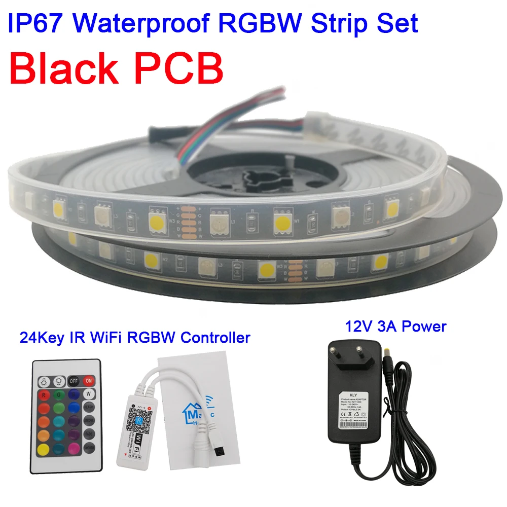 Black PCB IP67Set DC12V 5050 LED Strip RGBW RGBWW 60LEDs/m 5m with mini 24Key IR WiFi Controller 3A Power Supply LED Strip Set Support APP Control - Испускаемый цвет: Black PCB IP67Set
