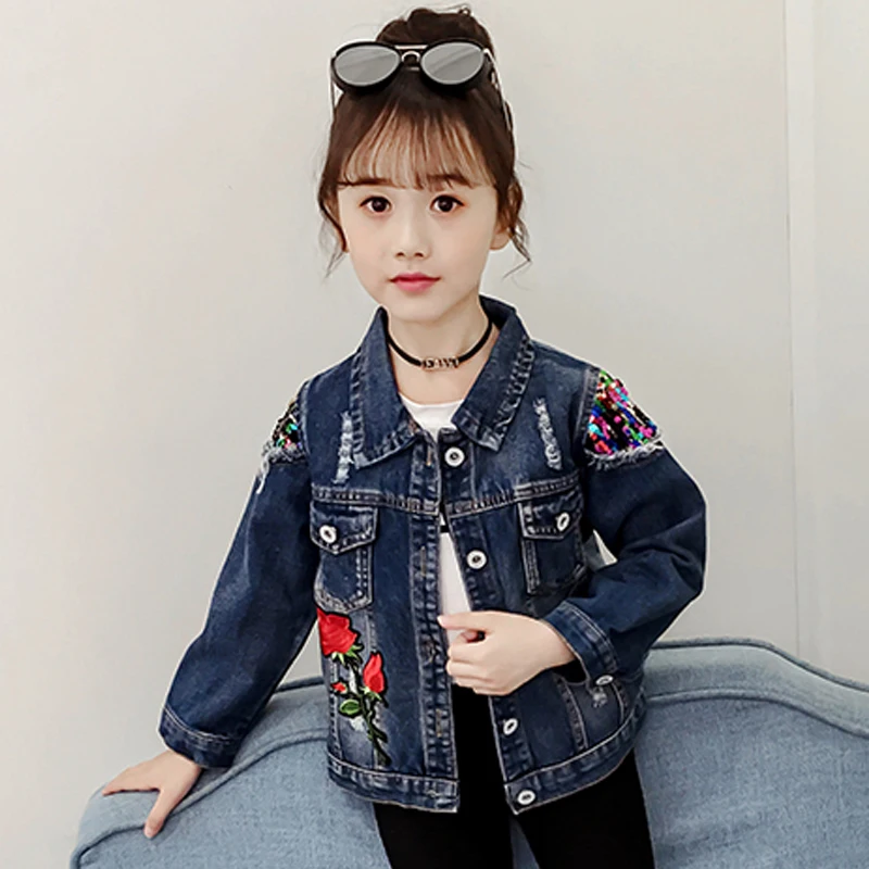 

Fashion Baby Girls Denim Coats Casual Flower Sequins Patchwork Kids Jackets Cool Children Outwears Vestidos for 6 8 10 12 Years