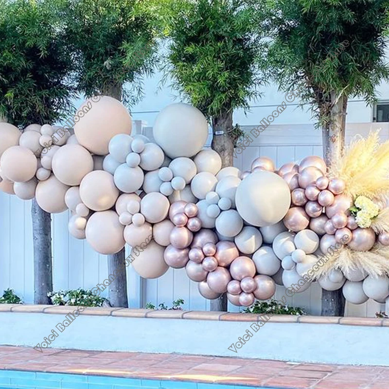 

133PCS Cream Peach Doubled Gray Pearl Rose Latex Balloon Birthday Balloon Garland Party Event Decor