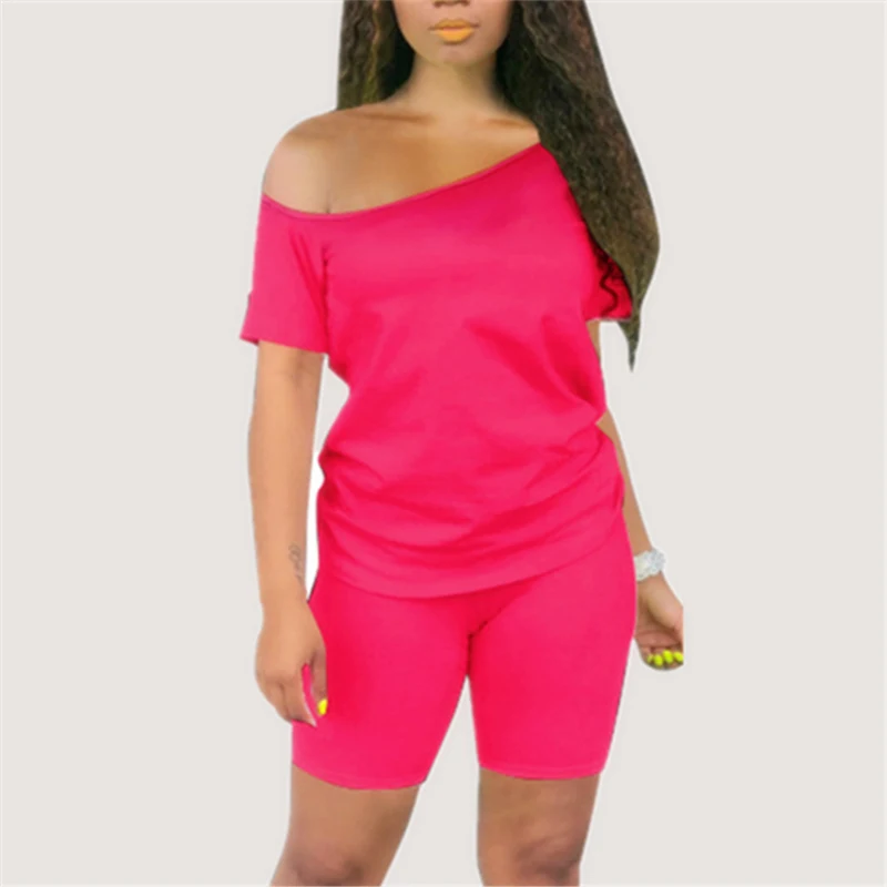 Women Casual Fashion Two Pieces Set Off Shoulder Solid Tee Shirt with Shorts Elastic African Female T Suit New | Женская одежда