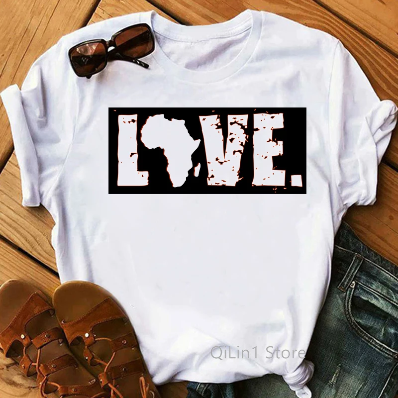 Love Black African American Letter Print T Shirt Women Clothes Melanin Poppin Shirt Funny Tshirt Femme Black Power Tops Shirt