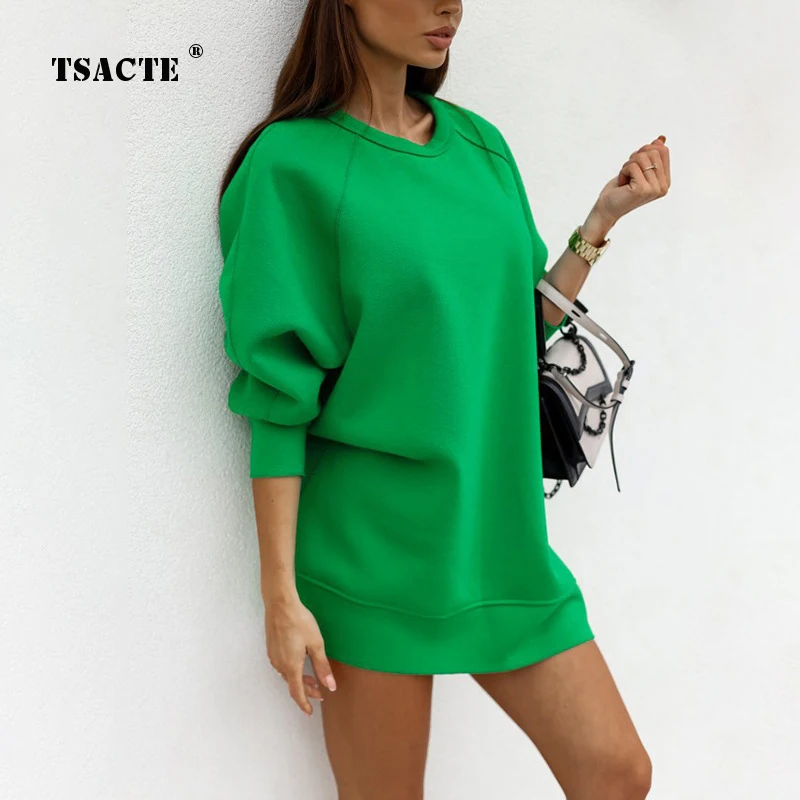 

Autumn New Fashion Solid Color O-Neck Loose Mid-Length Sweater Long-Sleeve Plus Velvet Oversize Outcoat Womens Casual Sweatshirt