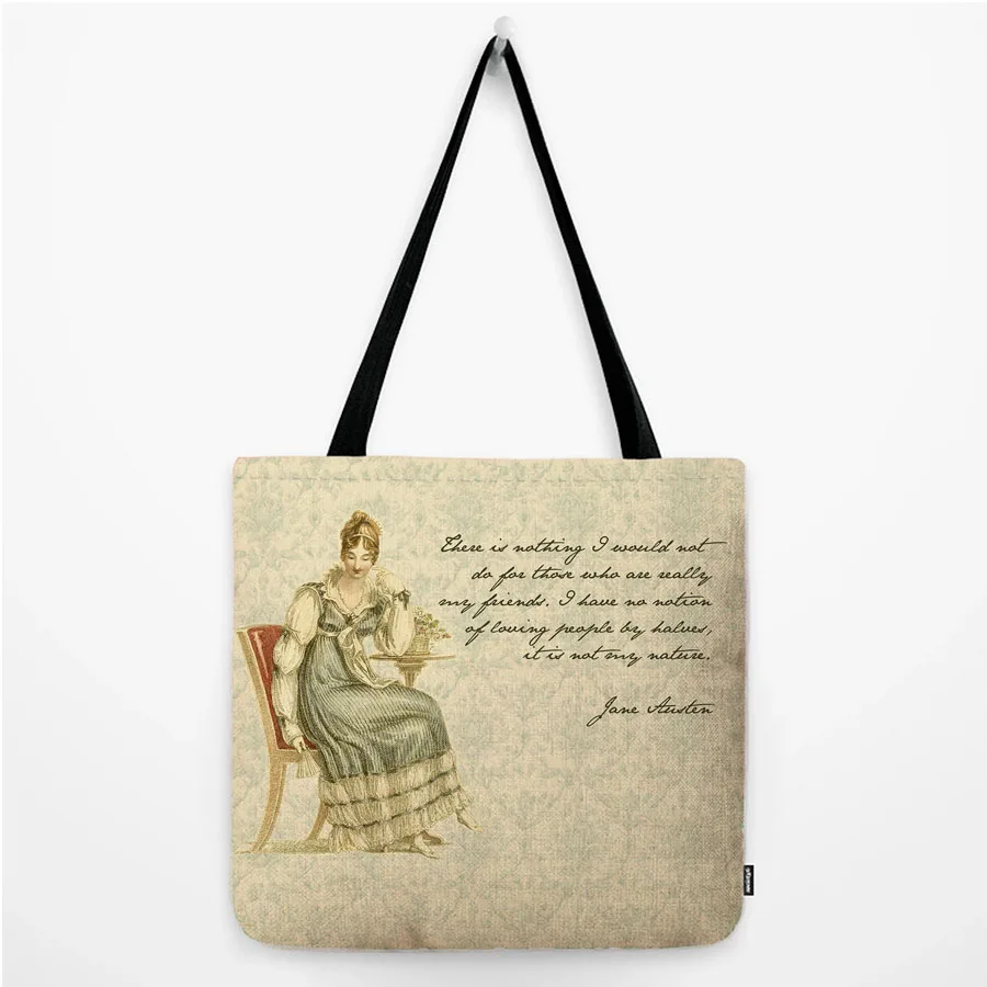 

Jane Austen Quotes Letter Print Large Shoulder Tote Bag Water Resistant Cotton Linen Carrying Decorative Shopper Grocery Bag