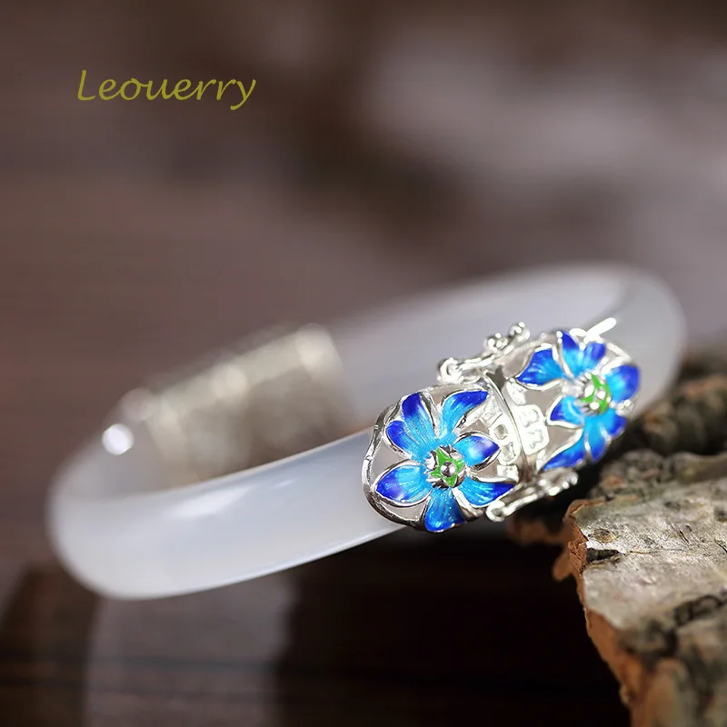 Leouerry, агат, халцедон, Открытый браслет, 925 пробы, серебро, перегородчатая эмаль, Орхидея, нефрит, женский, винтажный, роскошные ювелирные изделия