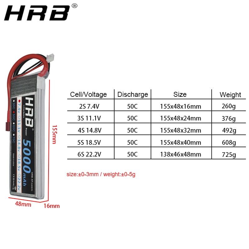 HRB 2S 3S 4S Lipo Battery 7 4 V 11 1 5000mah XT60 50C Deans EC5 TRX T 5S 6S 14 8 18 5 22 2 RC Parts для осевых самолетов и