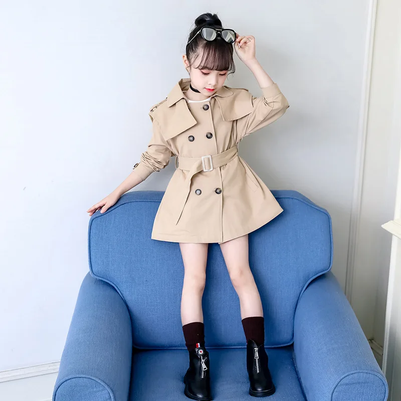 

Girls' Wind Coat 2019 Big Boy Solid Color Waist Hugging Coat Children Double Breasted Mid-length Overcoat GIRL'S Spring And Autu