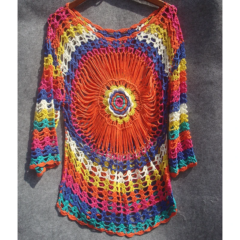 Вязаная крючком накидка ручной работы красочная туника для пляжа сексуальная на
