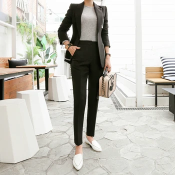 

2019 Autumn Winter Handsome Streetwear Two Piece Set for Women Double Button Black Blazer and Sheath Pants Red Work Office Suit
