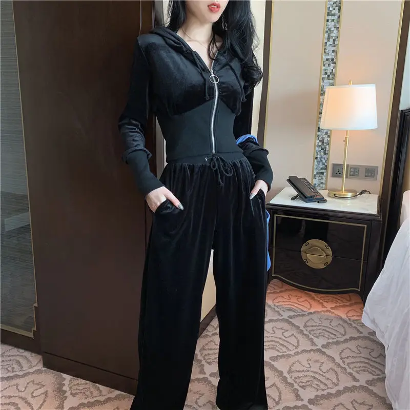 

Women's Tracksuit Autumn Women's Casual Suit Velvet Hooded Cardigan Short Coat Elastic Waist Wide Leg Trousers Two-piece Suit