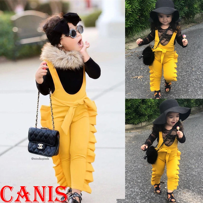 Cute Fold Overall Romper Baby Girls Clothes Jumpsuit Bow-knot Print Ruffle Decor 0-5Y Age Ifant Toddler Newborn Outfits Set