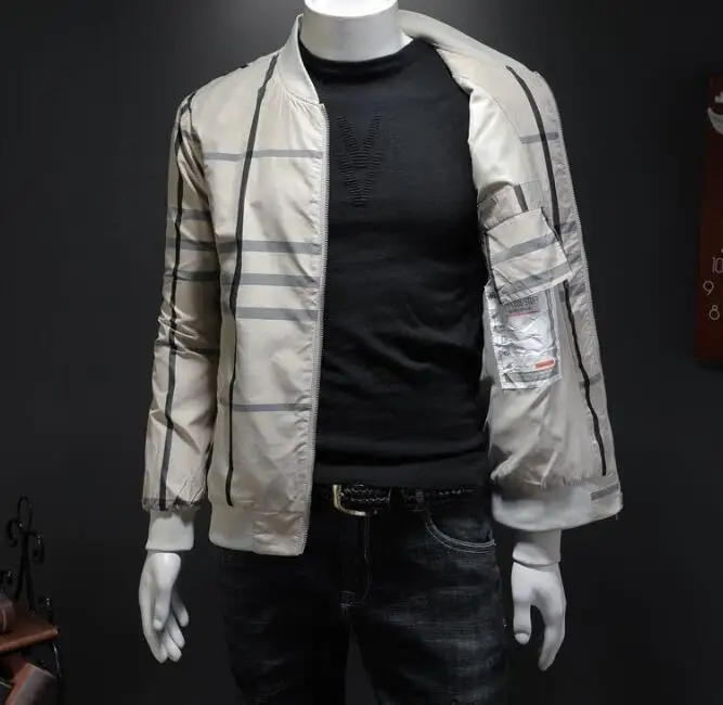 Casual Mens Outfit One Piece Striped Jacket Handsome Coat Zipper Plus Size Plaid Baseball Uniform