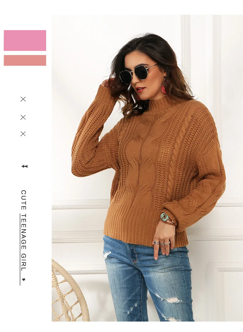 Neon Sweater Women Knitted Fuchsia Pink Solid Half Turtleneck Pullovers Long Casual Loose Knitting Shirts Female Jumpers
