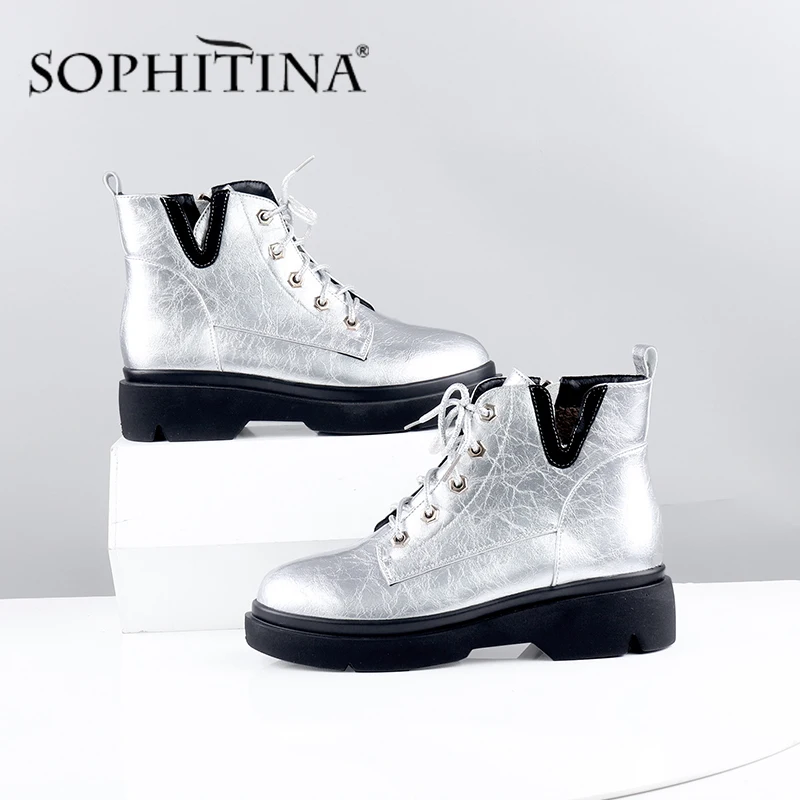 SOPHITINA/Качественные ботильоны; модная Серебристая обувь на молнии с круглым носком; женские повседневные весенние ботинки ручной работы на низком квадратном каблуке; CQ04