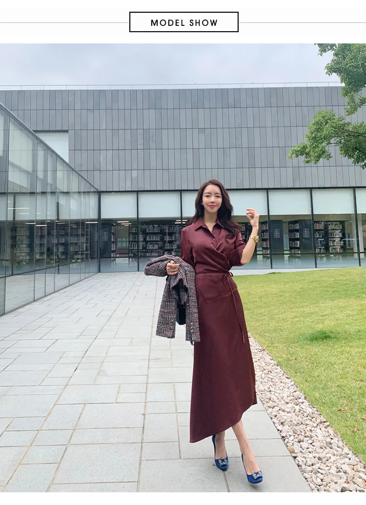 JSXDHK High Quality New Arrival Shirt Long Dress Elegant Fall Women Pink Turn Down Collar Lace Up Fashion Split Office OL Dress