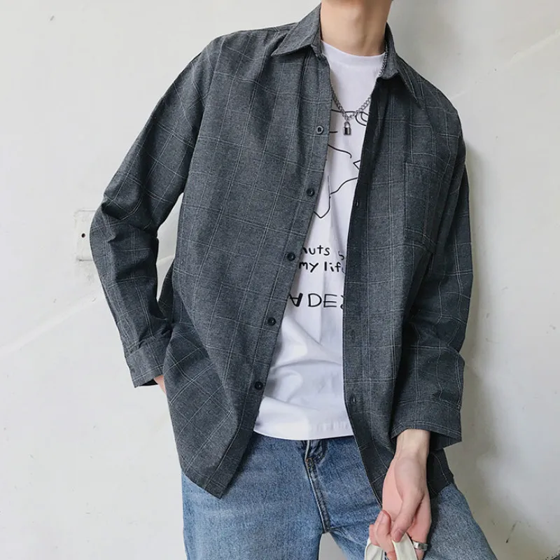 Мужская рубашка с длинными рукавами Harajuku одежда 2019 корейский стиль новые модные мужские рубашки клетчатый отложной воротник Плюс Размер