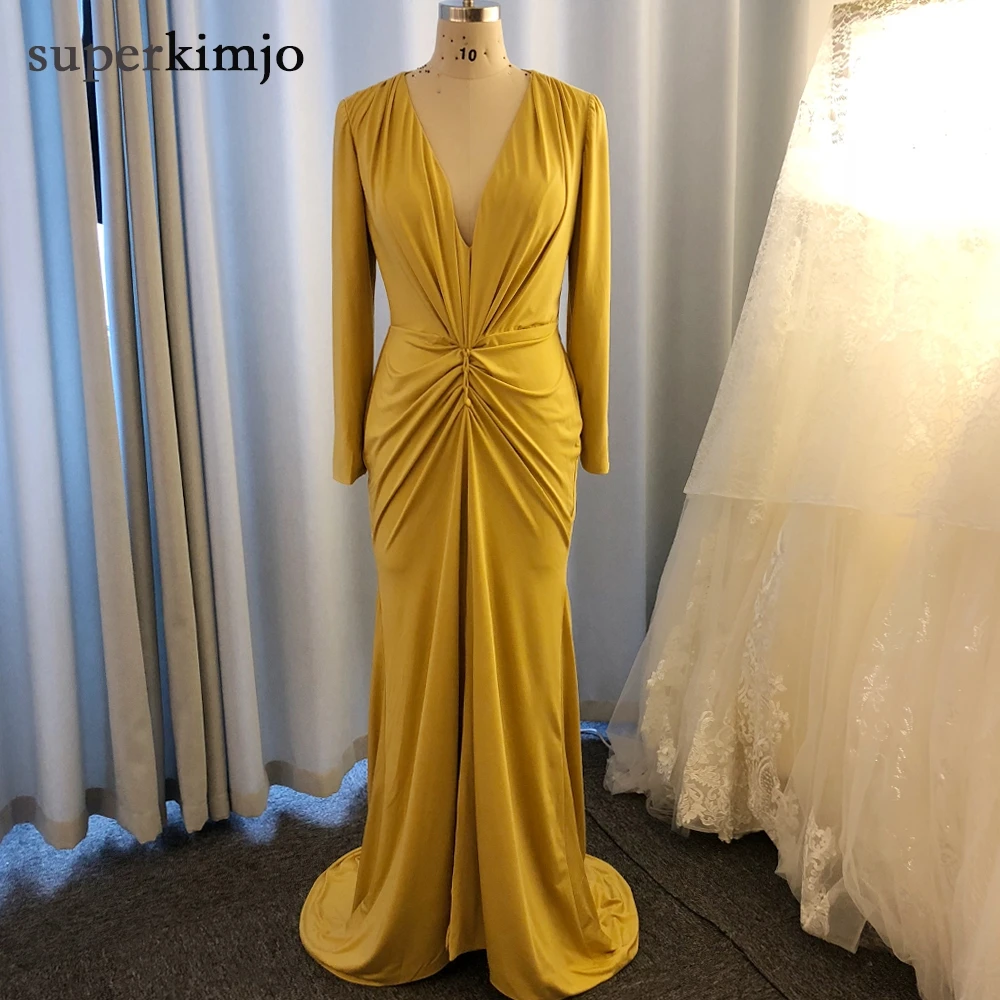 SuperKimJo Robe demoiseur D'honneur горчичное Дешевое платье подружки невесты с длинным рукавом и v-образным вырезом Элегантное свадебное платье