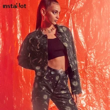 InstaHot солнце и луна печатных куртка Для женщин на одной пуговице с длинным рукавом осень-зима уличная куртка модная верхняя одежда