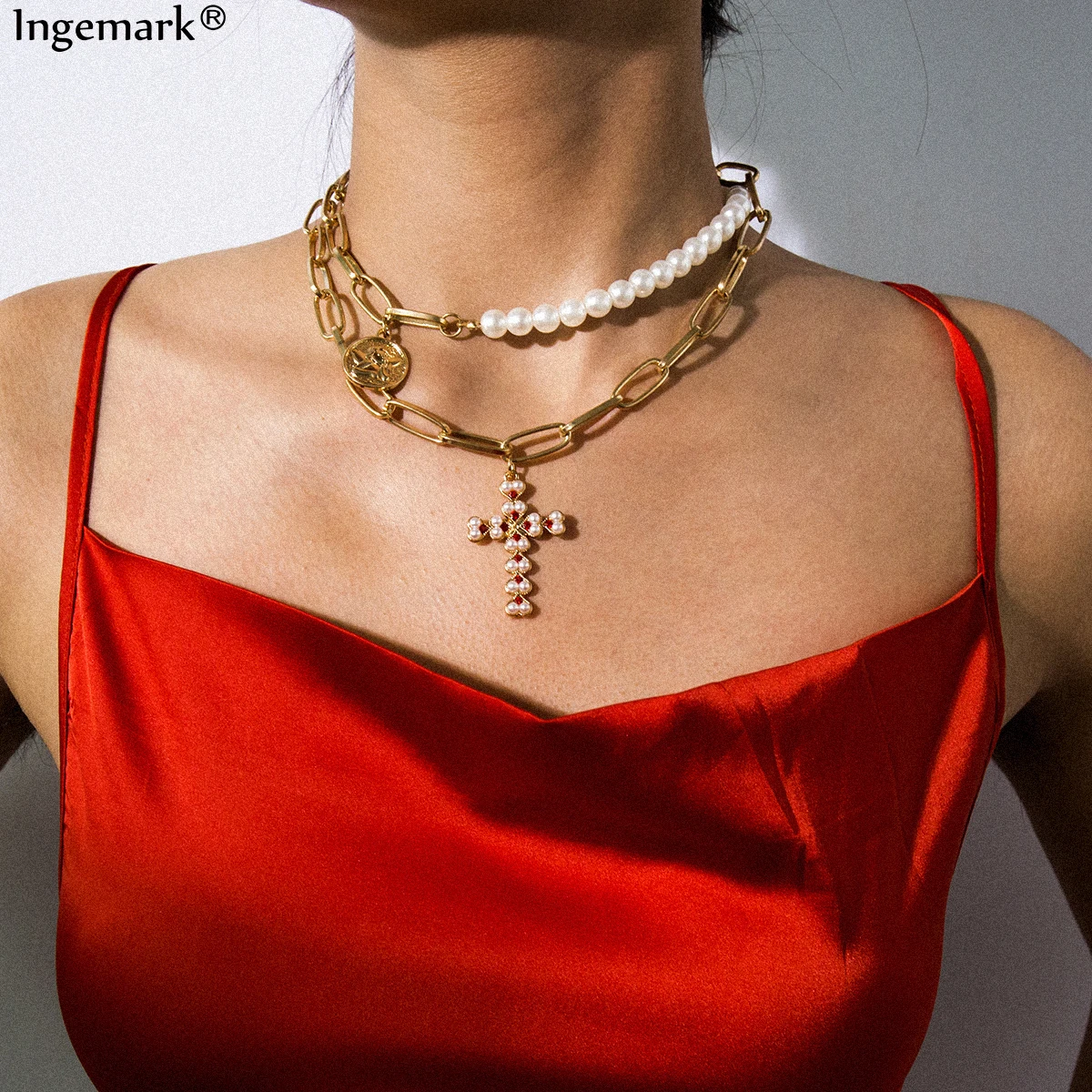 

Unique Pearl Choker Necklace Collar Multi Layer Cross Bead Carved Coin Angel Pendant Chain Necklace Christian for Couple Jewelry