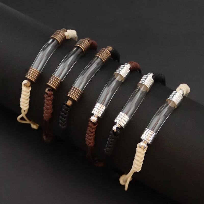6 Colors Adjustable Handmade Clear Tiny Glass Tube Vial Cord Bracelet Memorial Writing Name Ash Hair Locket Pendant