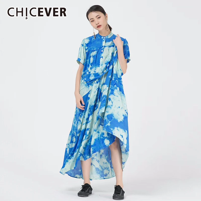 CHICEVER Print Hit Color Dress Women Stand Collar Puff Short Sleeve Free Size Midi Summer Dresses Female Clothes Fashion 2020 CHICEVER Print Hit Color Dress Women Stand Collar Puff Short Sleeve Free Size Midi Summer Dresses Female Clothes Fashion 2020