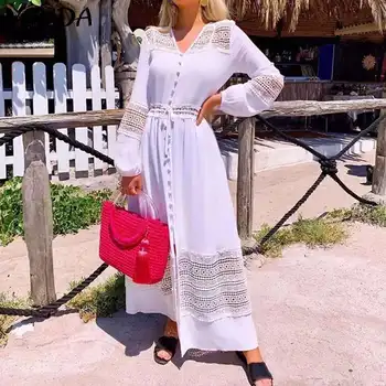 

VONDA Maxi Lomg Dress Women Sexy V Neck Solid Color Bohemian Party Dresses Loose Beach Long Robe Femme Sundress Plus Size