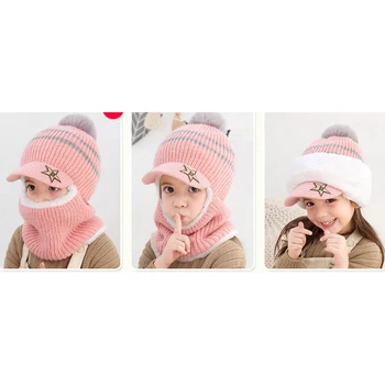 

Winter Scarf hat 2 In 1 Knit Striped Star Beanie Hat Scarf Solid Colors Warm Ski Cap With Ball Design Windproof Mask For Kids