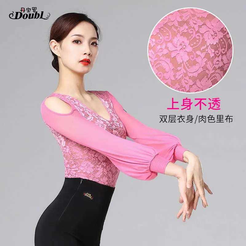 DOUBL New v-neck Dance Jacket Latin Dance Tops Women Long Sleeve Body Practise Suit Performance Yoga Cloths Social Female