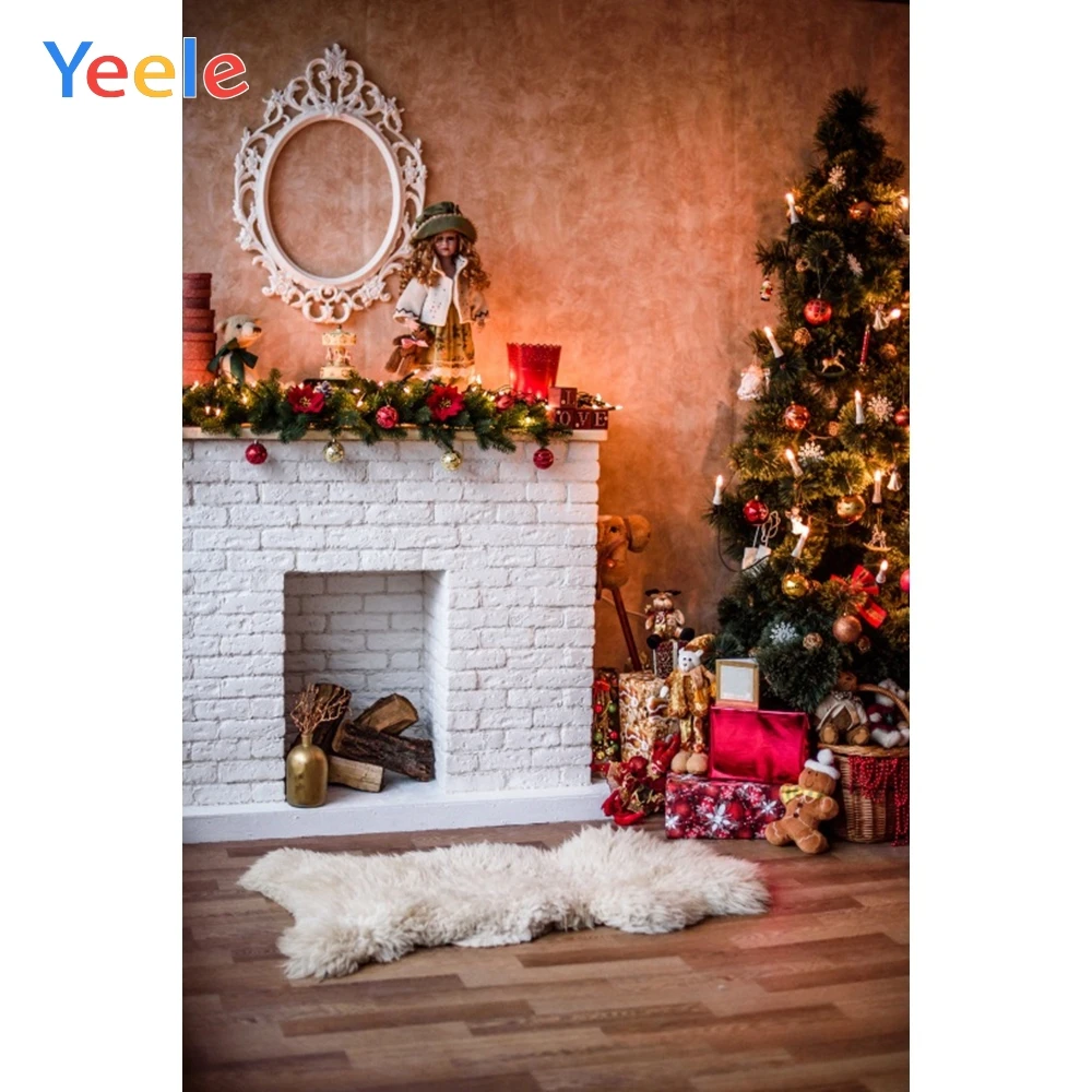 

Christmas Tree Doll Fireplace Gift Carpet Gift Wooden Floor Backdrop Photography Custom Photographic Background For Photo Studio