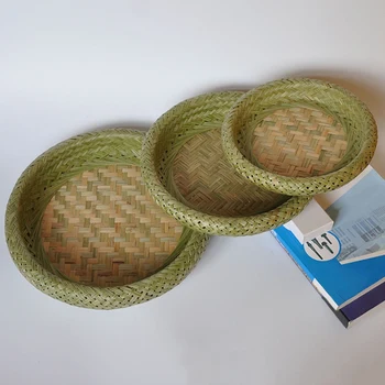 

Bamboo Plate Hand-Woven Storage Basket Groceries Round Storage Box Fruit Plate Snacks Desktop Storage Box Drying Cage 3 Sets (S,