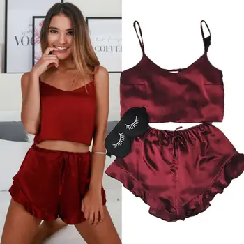 

2019 Fashion Brand New 2PC Women's Ladies Sexy Solid Color Satin Sleepwear Camisole Sets Pajama Nightwear Off-Shoulder Lingerie