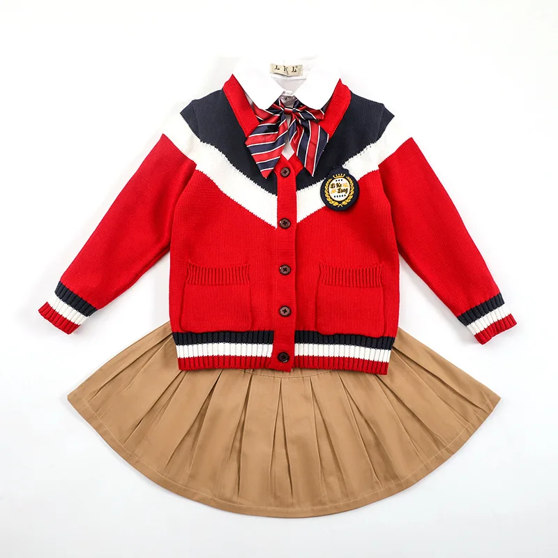 girls red set Осенняя школьная форма в английском стиле, комплекты из 4 предметов, вязаный кардиган+ рубашка+ галстук+ юбка для девочек/штаны для мальчиков, костюмы, детская одежда, От 3 до 18 лет - Цвет: girls red set