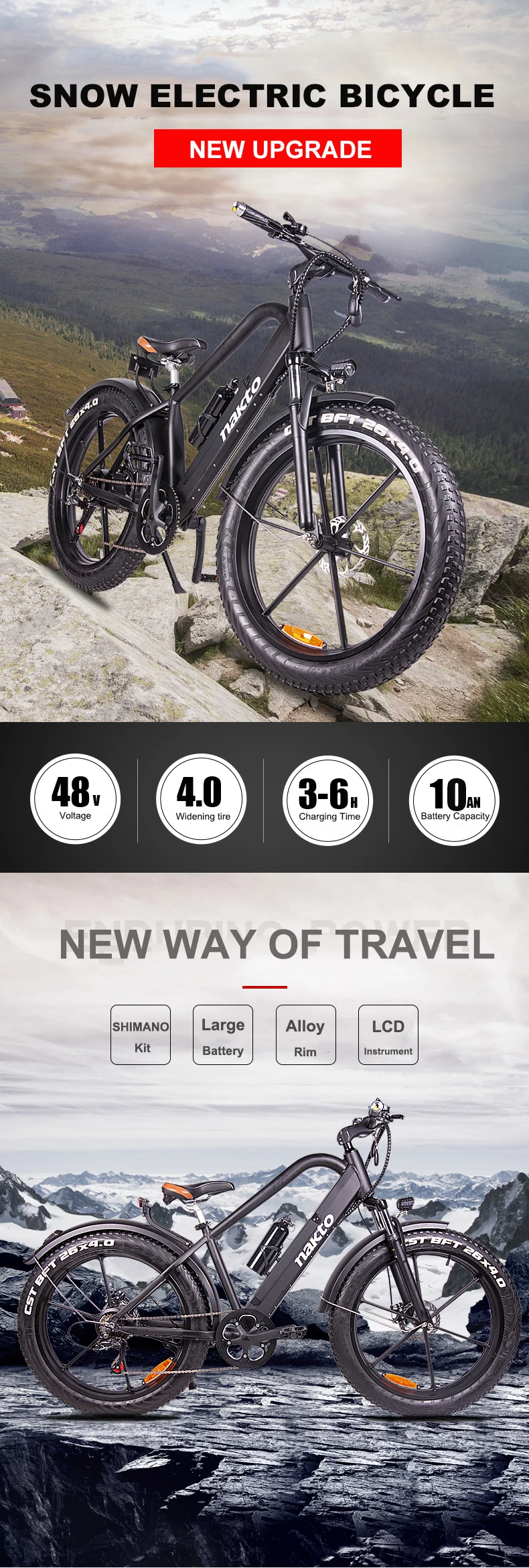 26 Inch Snow Electric Bike Two Wheels Electric Bicycles  4.0 Fat Tires Electric Bicycle 500W 48V Mountainbike              (6)