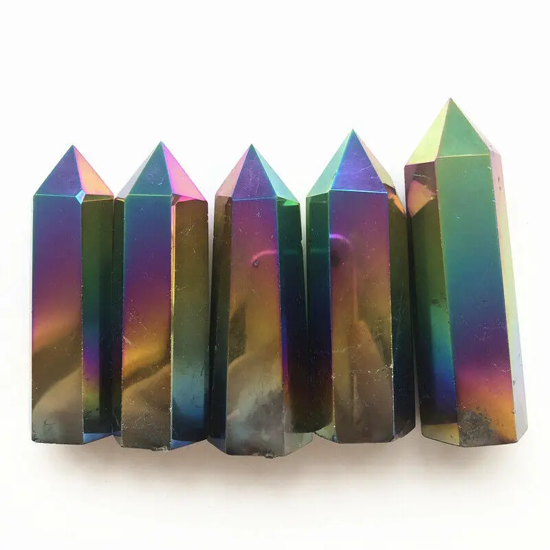1pc Electroplate Rainbow Titanium Aura Obelisk Crystal Wand Point Healing Crystal Tower Decor Natural Stones and Minerals