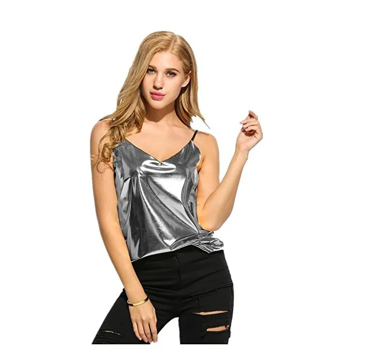 

Fashion Sexy Women Sparkly Spaghetti Strap Vest Camis Summer Gold Silver V Neck Plus Size Nightclub Tank Tops