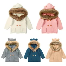 Лидер продаж колготки для маленьких детей, от 0 до 24 месяцев, осень-зима теплый свитер, куртка для малышей милый меховой воротник с рисунками из мультфильмов, с капюшонами, Вязание детские пальто теплая одежда