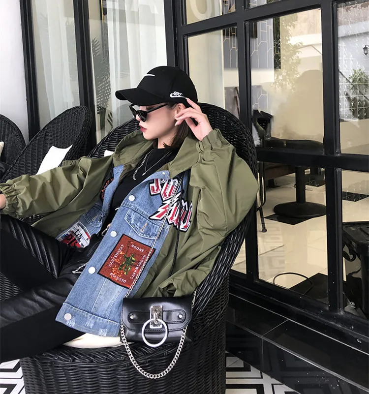 

Oversize Loose Hooded Outfit Women Rock Design Denim Patchwork Outfit Batwing Sleeve Cardigan