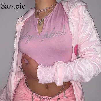 

Sampic Summer V Neck Diamond Letter Women Clothes Black Pink Sleeveless Off Shoulder Crop Tops Casual Sexy Streetwear Tank Tops