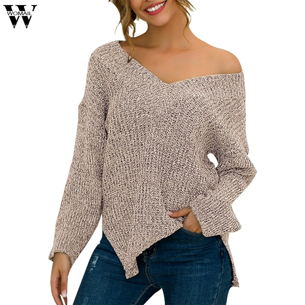 

Womail Plus Size Autumn Winter Sweaters Solid V-Neck Long Sleeve Irregular Pullover Knit Loose Sweater Clothing sueter feminino