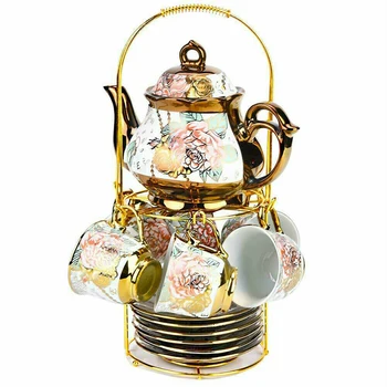 

13 Piece European Titanium Gold Tea Set,Rose Printing Vintage Ceramic Tea Set Service Coffee Set