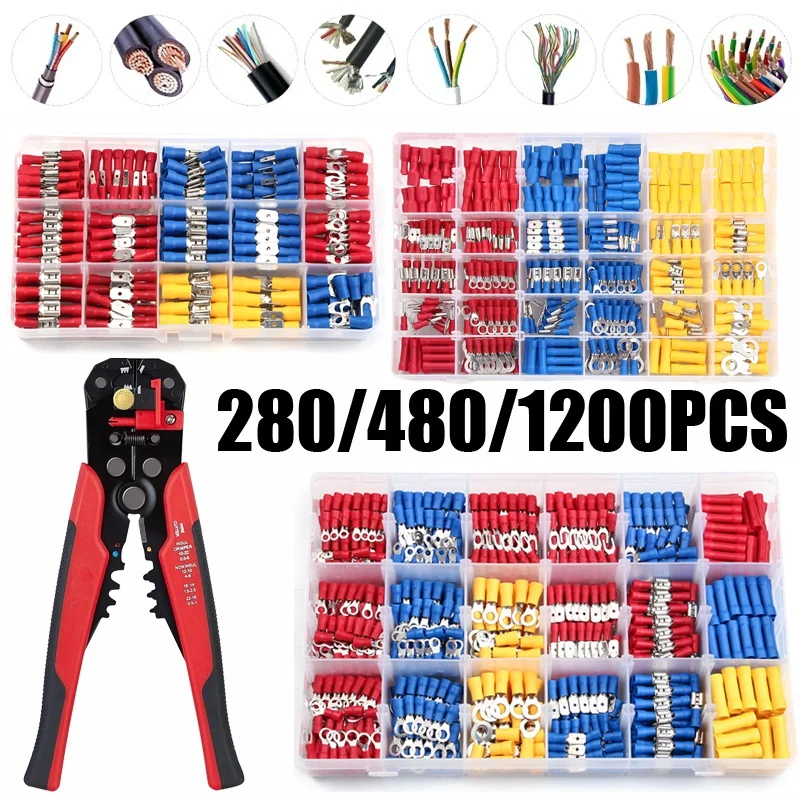 280/480/1200pcs Insulated Cable Connector Electrical Wire Assorted Crimp Spade Butt Ring Fork Set Ring Lugs Rolled Terminals Kit