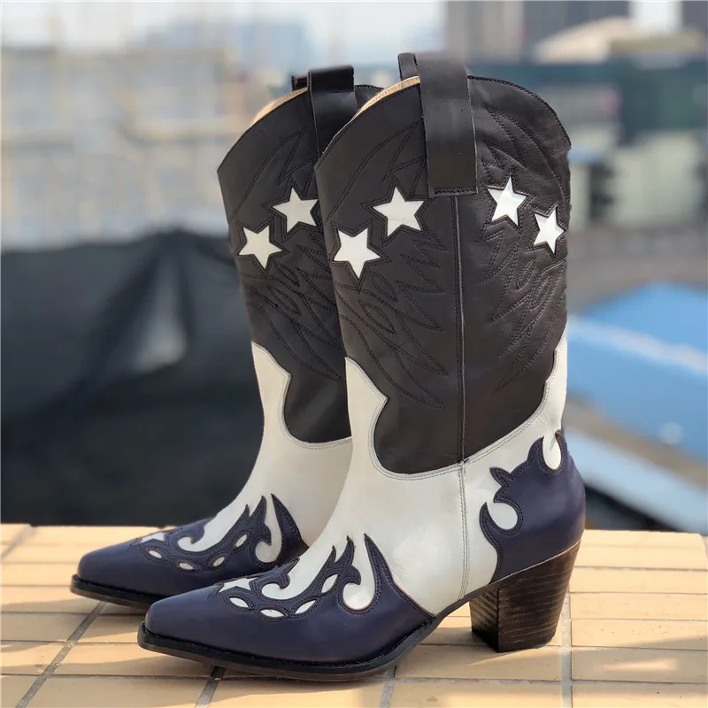 Jady Rose Retro Genuine Leather Women High Boots Slip On Chunky High Heel Cowboy Boots Pointed Toe Embroidery Botas Mujer