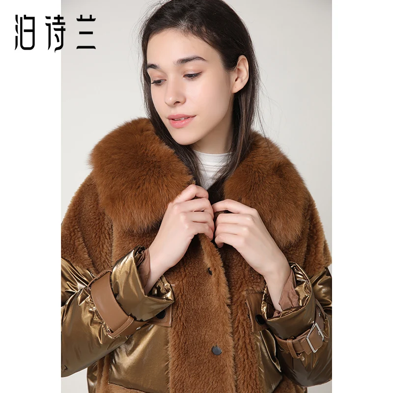 PTSLAN Women's Real Wool Fur Jacket Duck Down Coat Hooded New fashion