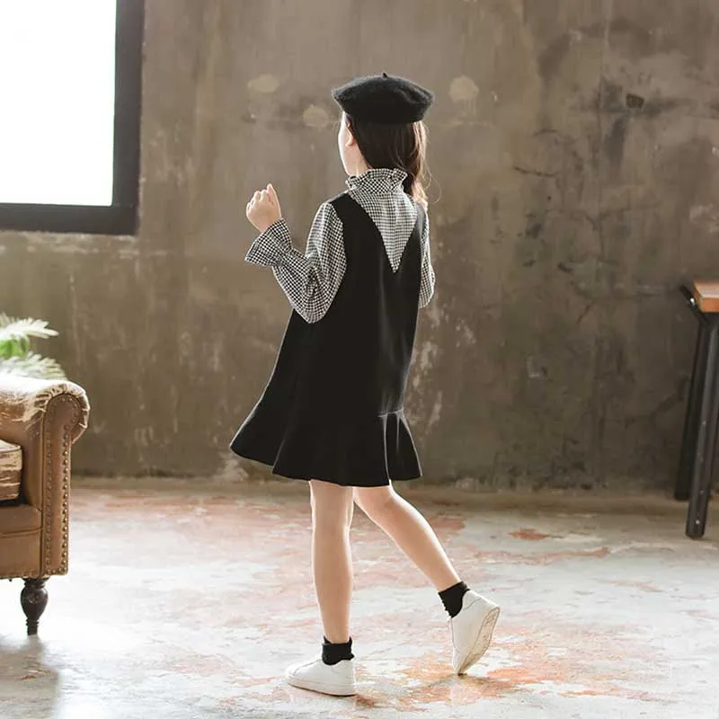 school lantern sleeve cotton dress teenager girl plaid patchwork kids dresses for girls 10 14 12 9 4 years autumn spring winter (3)