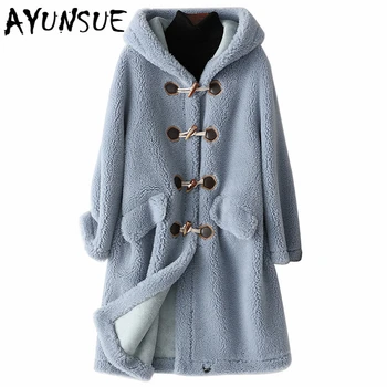 

AYUNSUE 2020 New Wool Real Fur Coat for Women Clothes Winter Sheep Jackets Coats Female Long Hooded Suede Lining Overcoat 978001