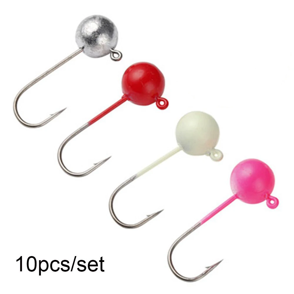 10pcs 1g 1.5g 2g 3g 5g 7g 색상 지그 미끼 내구성 리드 헤드 후크 탄소강 라운드 볼 지그 샤프 바브 소프트 웜 낚시