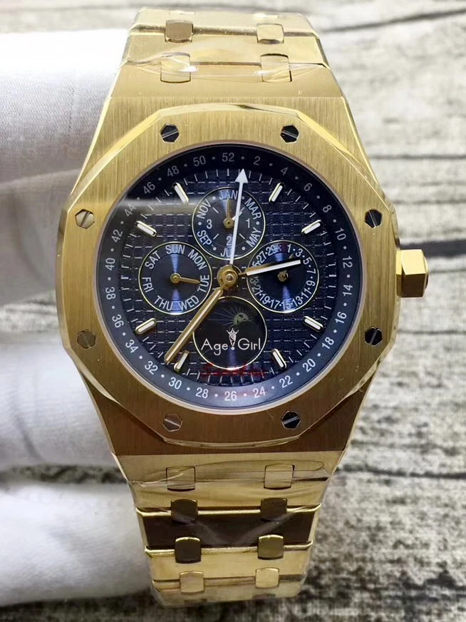 

Luxury Brand New Men Watch Automatic Mechanical GMT Moon Phase Sapphire Yellow Gold Luminous Blue White Watches Transparent Back