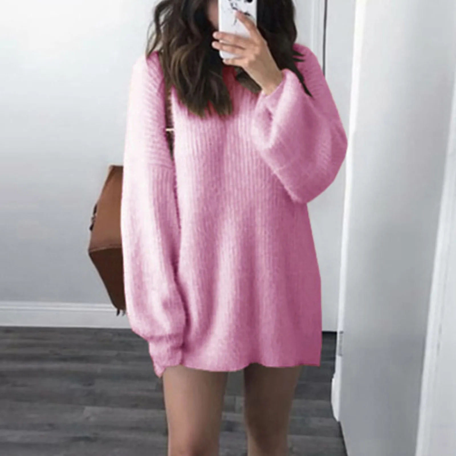 Fashion Women Solid O-neck Loose Knitted Warm Long Lantern Sleeve Sweater Blouse Autumn And Winter Women Warm Loose Casual Tops 2