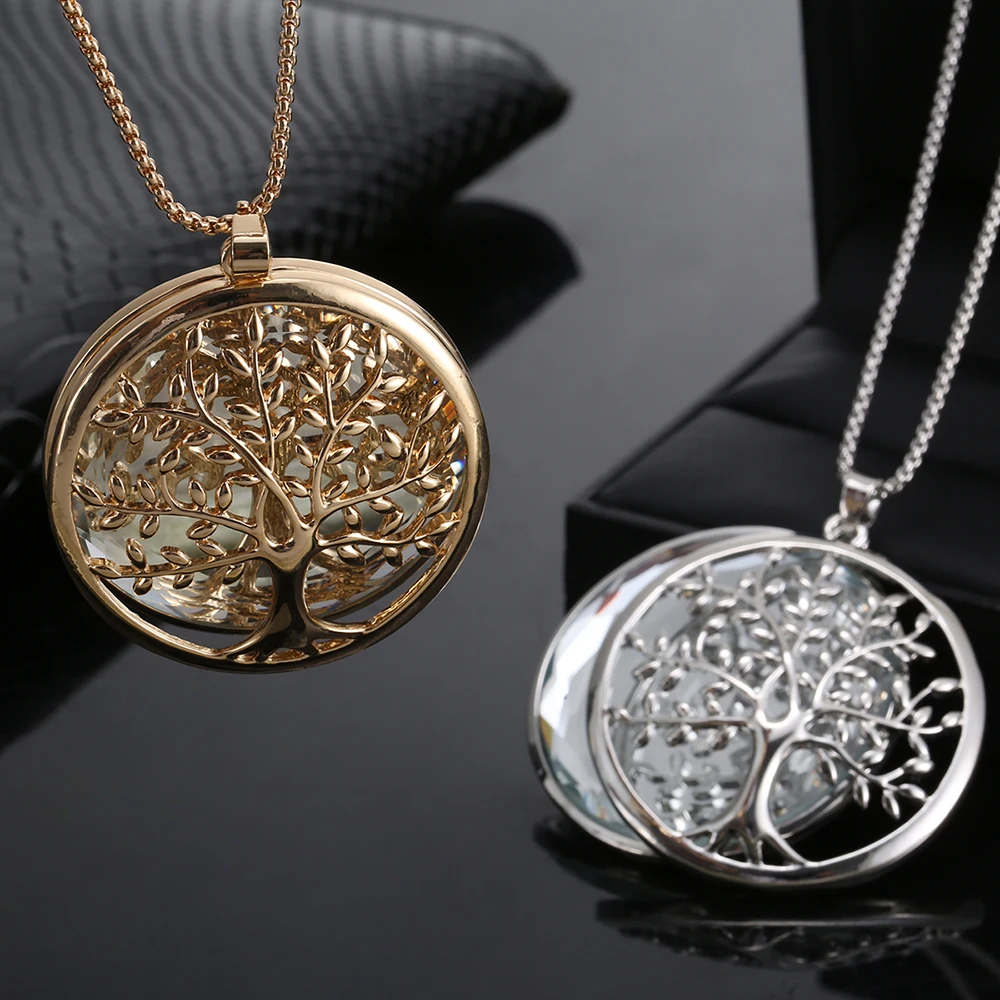 

New Tree Of Life Case Round Pendant Necklaces for Women Long Sweater Chain Big Mirror Glass Necklace 2019 Fashion Jewelry Gifts