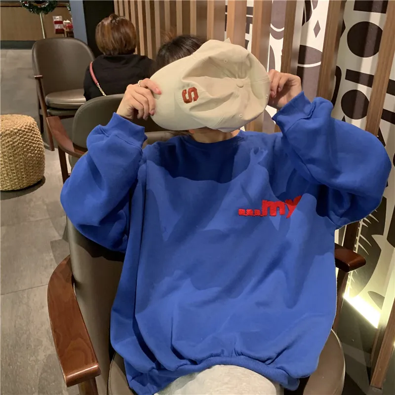 Blue Спортивные костюмы женские толстовки зима Kawaii толстые свободные женские студенческие Harajuku Мультфильм Алфавит Мода - Цвет: Blue