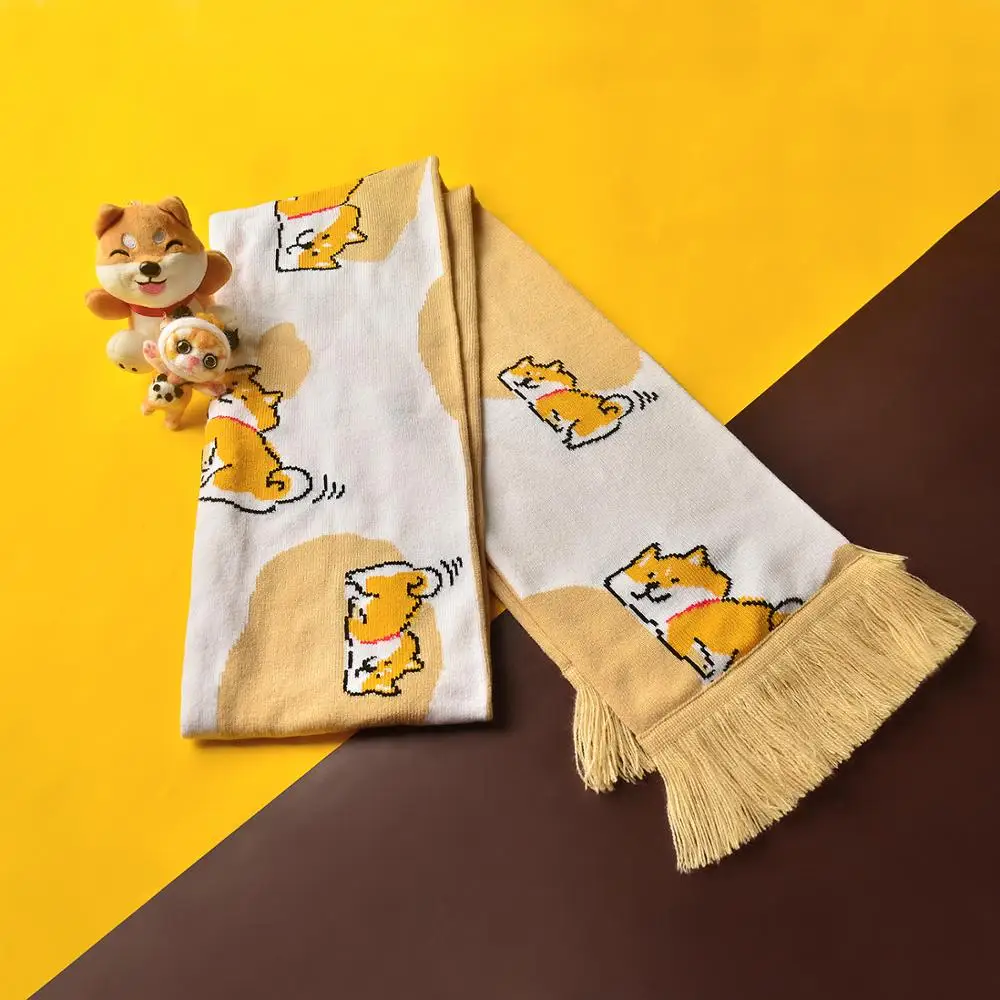 Cartoon Corgi Winter Women Scarf Long Scarf Tassel Soft Warm Scarves Female Cute Cherry Scarves